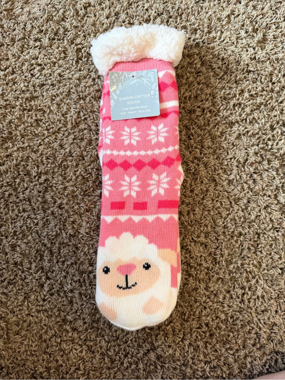 Pink Sherpa-Lined Critter Socks with Lamb Design